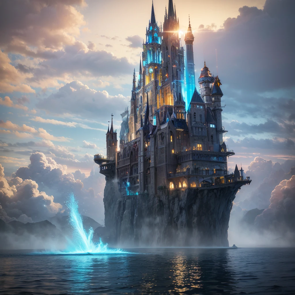 (8k, highest quality, masterpiece, final fantasy style: 1.2), (unRealistic, photoRealistic: 1.37), Dreamy landscape, Fantasy, Unsurreal landscapes, Super detailed, Flying metallic futuristic Castle, Floating Island in the Sky, Seven-colored swirl of light, Intense lightning, milky way, Complex Light, Colored light, Large Lake, Starry sky reflected on the lake surface, Countless shining stars, Meteors, Reflections , (A pillar of light emanated from the ground:1,2), roses and orchids gardens , sunset, pink clouds, waterfalls in the sky, realistic style, Hyperrealism drawing, a flying pirate spaceship floating at the clouds level, burning skyscrapers, cyborgs, timeless realms , floating ships, casting spell, healing light magic effect, in a magical lagoon of the fairyland, crystal clear water surface reflections, sharp focus, looking at viewer, (close-up:0.9), (bright white theme:1.2), (bright white tone:1.2), (deep blue tone:1.3), realistic, Hyperrealism,vivid colours , cyborgs, metallic devices, science fiction themes