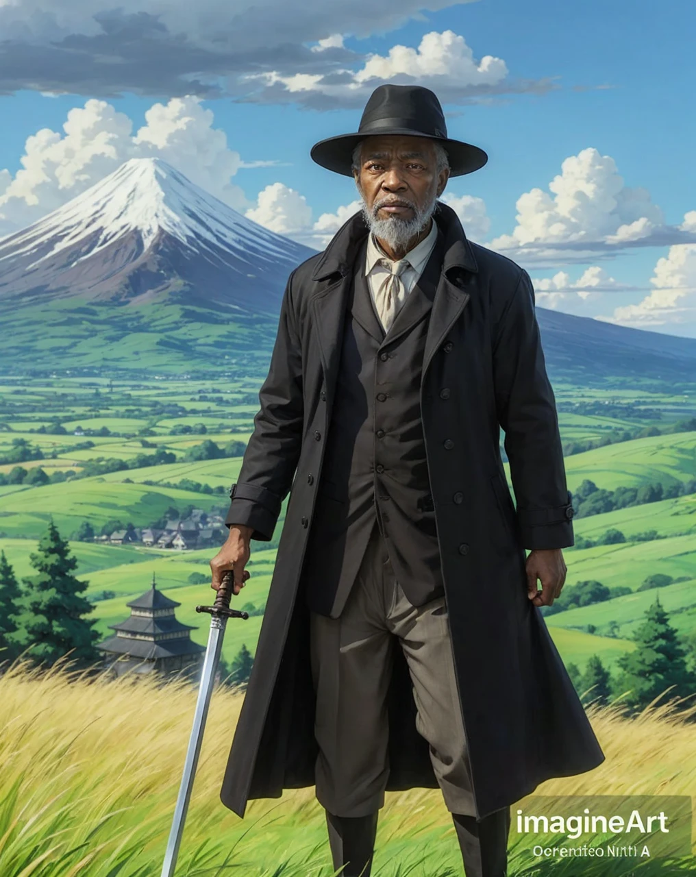 Black old man, with a black overcoat, black hat, and a umbrella and a sword, in the style of Studio Ghibli