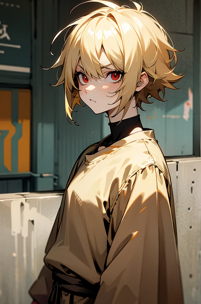 blonde hair, short hair, red eyes, serious face, short hair, messy hair, street background, casual outfit