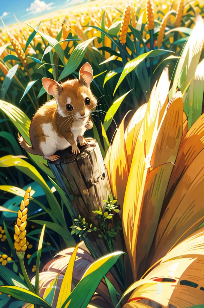 small warm brown dormouse climbing in a field of corn