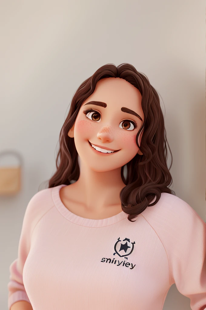 enterprising woman smiling, slightly wavy dark brown hair, dark brown eyes, slightly protruding nose, light wall in the background