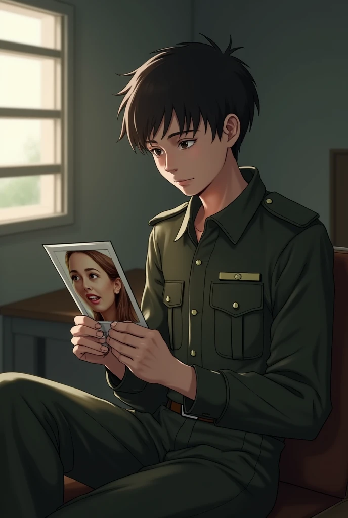 A short-haired young soldier sits in a room looking at a photo of himself and his girlfriend. His girlfriend is very cute.
