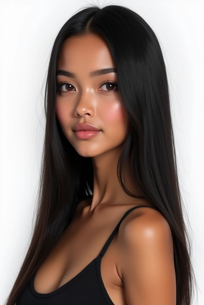 a beautiful indonesian girl, solo, (1girl:1.9), Long straight Black Hair, Brown Eyes, Almond shaped Eyes, Heart shaped Face, Roman Nose, Olive Skin, detailed skin, imperfect skin, (athletic fit-muscled body:1.2), 8k, highly detailed, soft light, (white background:1.2),