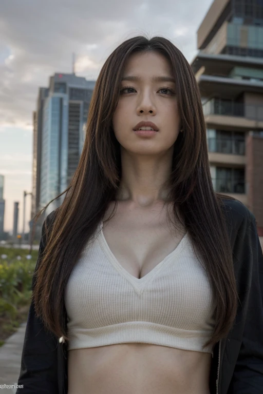 (8k, RAW photos, best quality, masterpiece:1.2),(Practical, photo-Practical:1.37), ((best quality)), Ultra-high resolution,extremely detailed CG unity 8千 wallpaper, Physically Based Rendering,Movie Lighting,whole body, (Bokeh:1.4), (1 woman), whole body肖像,Perfect body,Very detailed face,exquisite eyes,long legs,Sunset, Spectacular clouds cloudy, Aircraft tracks, Overlooking, From below