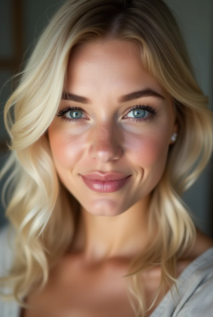 ((BLONDE)), ((BIGGER BREASTED)), (Pretty face), (structured jaw line), (Beautiful Woman), White, woman, blue eyes, her name is Pam, , cute nose, plump lips, age 35, wink