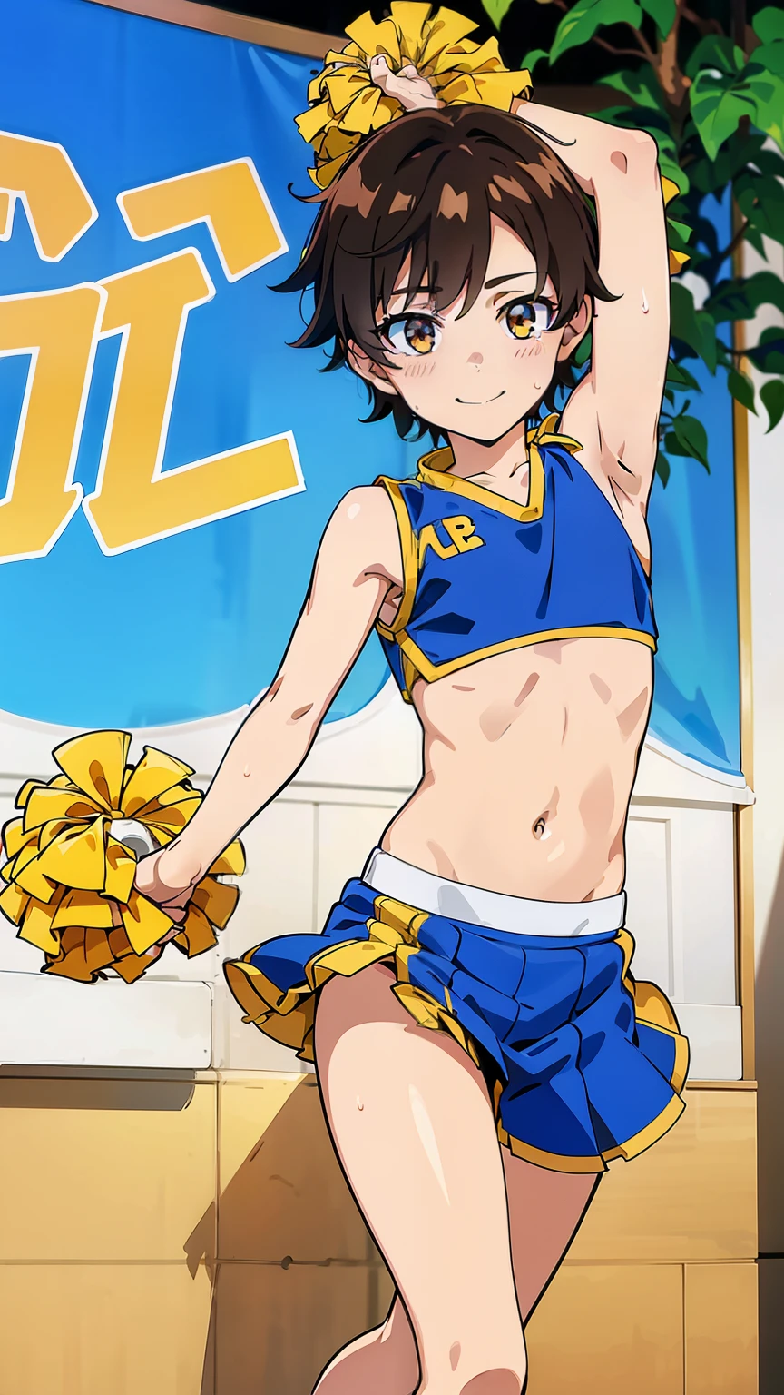 Highres, Masterpiece, Best quality at best,Best Quality,hight quality, hight detailed, Anime style, 1boy, Shota, young boy,  Solo person, Wearing dancing, posing for a photo, Sleeveless, holding pom poms, smile, Flat chest, bare legs, body, Seen from the front, look at viewer,Wall beckground, (very young boy), (very small and short body), -yeld bo (Showing armpit:1.3), hansome boy, Uhd, bokeh, sweat