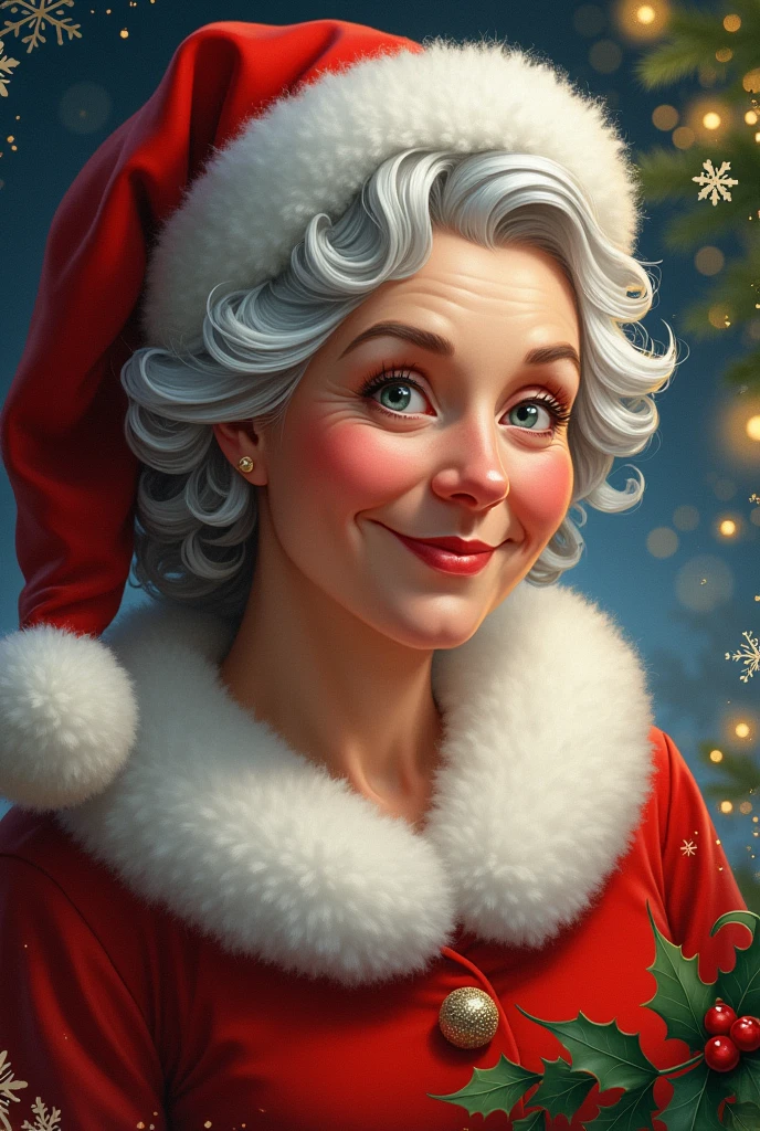 "Create a detailed portrait of Mrs. Claus. She should have a warm and friendly expression, with kind eyes and a gentle smile. Her face is slightly round, with rosy cheeks that show the warmth and joy of the holiday season. She has silver-white hair styled in soft curls, possibly peeking out from under a traditional red Santa hat trimmed with white fur. Her eyes should reflect wisdom and kindness, perhaps with a twinkle of festive spirit. Include subtle holiday elements, like holly or snowflakes, as part of her clothing or background."