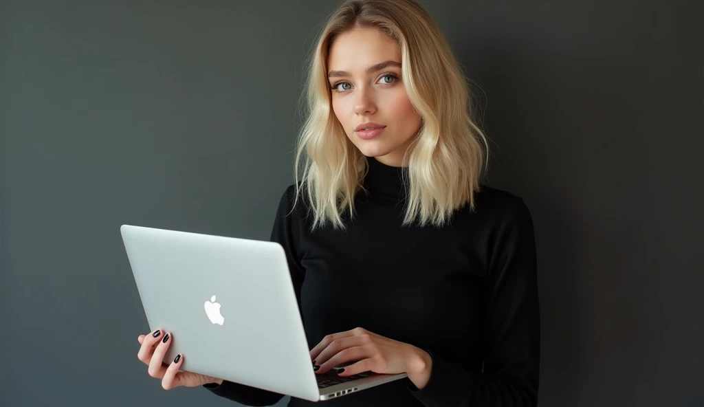 beautiful white-skinned girl, medium-blonde hair, with bright sparkling eyes, shiny skin, beautiful black manicure, beautiful nails, pearl skin, holding a laptop in her hands, in a black sweater and a black long skirt, beautiful detailed fingers, professional photo, 4k, high resolution, high detail, aesthetically pleasing, beautiful, realistic, looking straight ahead
