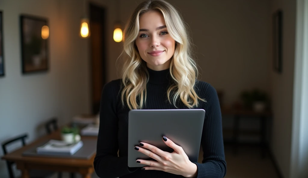 beautiful white-skinned girl, medium-blonde hair, with bright sparkling eyes, shiny skin, beautiful black manicure, beautiful nails, pearl skin, holding a laptop in her hands, in a black sweater and a black long skirt, beautiful detailed fingers, professional photo, 4k, high resolution, high detail, aesthetically pleasing, beautiful, realistic, looking straight ahead