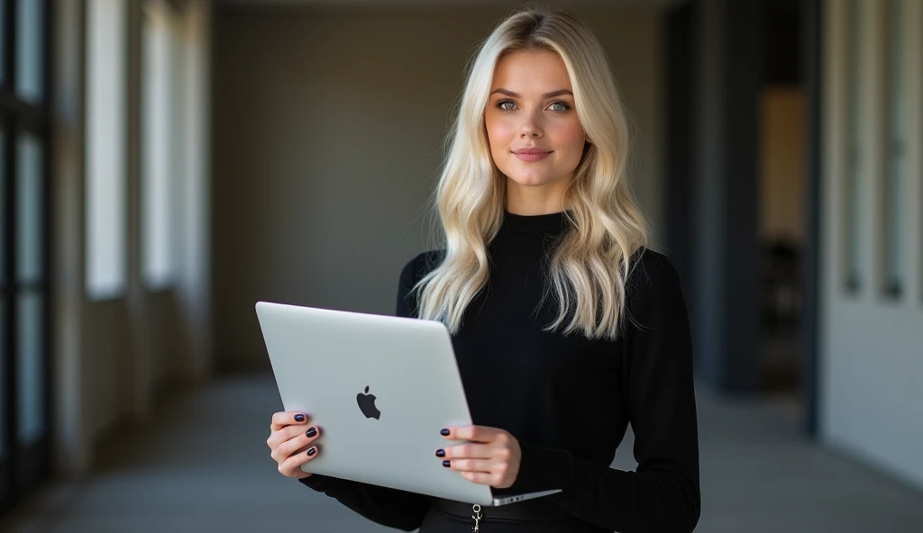 beautiful white-skinned girl, medium-blonde hair, with bright sparkling eyes, shiny skin, beautiful black manicure, beautiful nails, pearl skin, holding a laptop in her hands, in a black sweater and a black long skirt, beautiful detailed fingers, professional photo, 4k, high resolution, high detail, aesthetically pleasing, beautiful, realistic, looking straight ahead