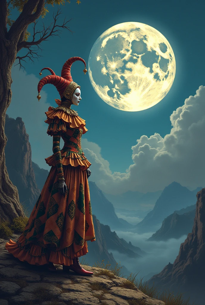 Design me a moon and have it say 12 MOONS and a character dressed as a harlequin