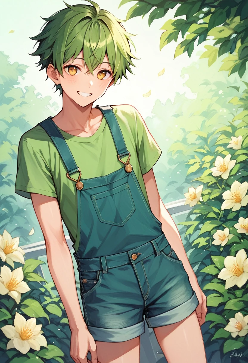 juvenile maleの子 male 頭にflower輪 Green Hair Golden Eyes Green clothes Slender Overalls Shorts smile flower omori basil