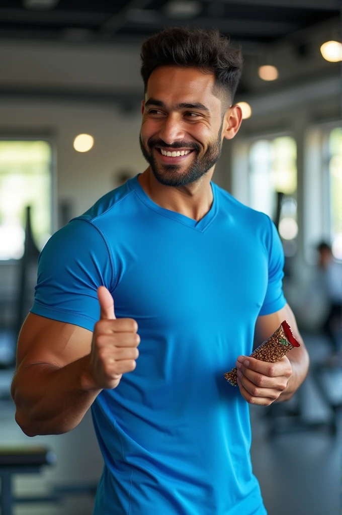 Indian gym boy waring blue shirt eating protein bar and smiling side ways pic