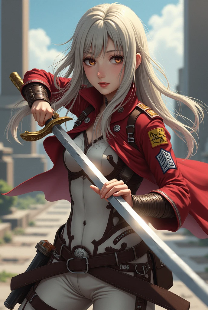 A white skin woman, with long gray blond hair, brown eyes, pink lips, serious expression, with attack on titan legion clothes, with two swords from attack on titan, full body, fighting pose , mappa studio style, with an attack on titan background, isayama hajime draw style