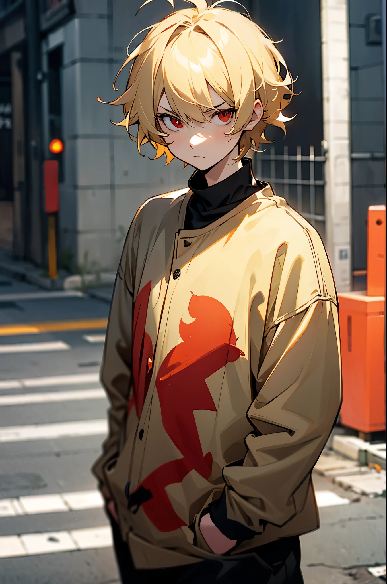 blonde hair, short hair, red eyes, serious face,  short hair, messy hair, street background, casual outfit