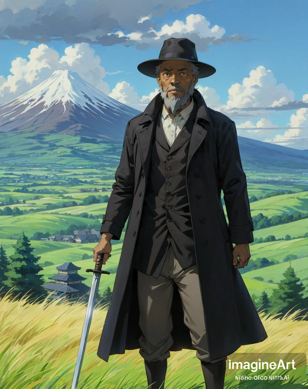 Black old man, with a black overcoat, black hat, and a umbrella and a sword, in the style of Studio Ghibli
