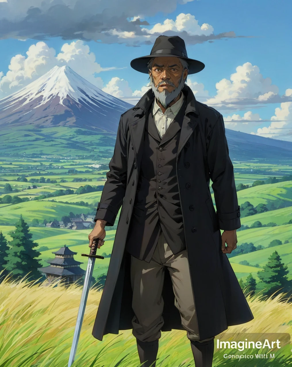 Black old man, with a black overcoat, black hat, and a umbrella and a sword, in the style of Studio Ghibli