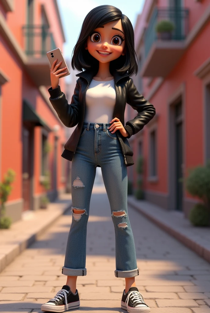 3D character from Disney animation, Pixar style, full body, smiling, brown eyes with beautiful eyelashes, the glamorous one, shoulder-length straight black hair, denim clothes, jacket, black tennis shoes, clean bottom. cinematic lighting, ray tracing, high details, 3D rendering with hands on waist and holding an iPhone 