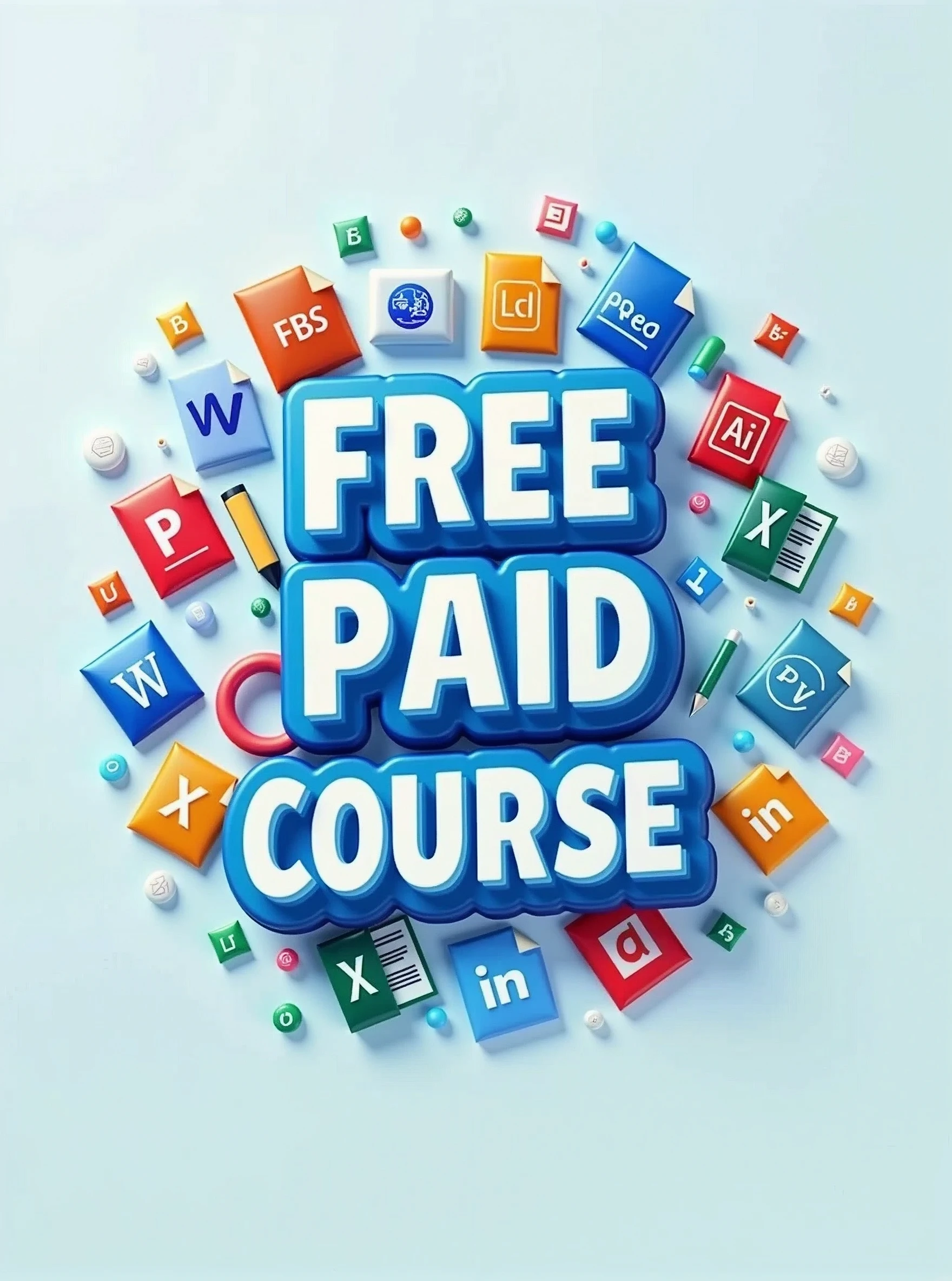 a logo where write free paid course ,,bacground differentt small graphics object like microsoft word ,powerpoint,excel,photosop,capcat,adobe illustrator,3d computer,mobile,, linkedin,website