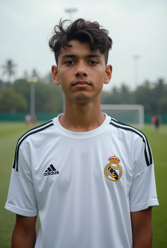 Create a photo of a 17-year-old Brazilian teenager, with a real madrid football club t-shirt, in the background a landscape 
