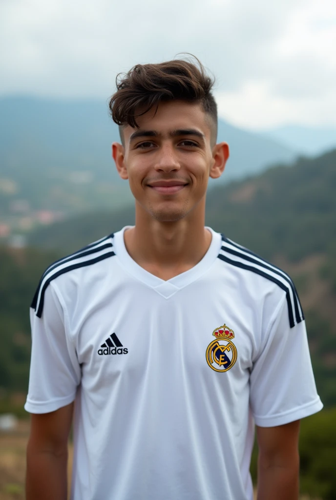 Create a photo of a 17-year-old Brazilian teenager, with a real madrid football club t-shirt, in the background a landscape