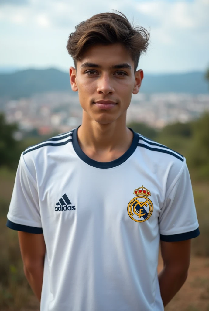 Create a photo of a 17-year-old Brazilian ager, with a real madrid football club t-shirt, in the background a landscape