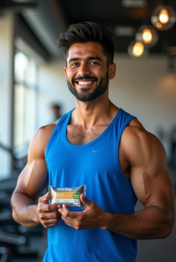 Indian gym boy waring blue shirt eating protein bar and smiling side ways pic