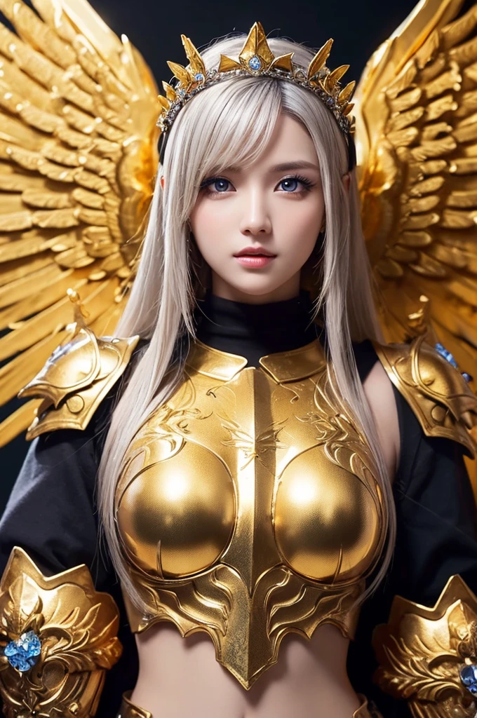 Ultra HD、Ultra-clear、Beautiful Face、Phoenix Warrior、Covered entirely in golden armor、Holy knight in golden armor、Golden Tiara、Golden armor with ornate carvings covering the entire body、Heavy golden armor、Crystal clear blue eyes、Silver Hair、Big Breasts、Outer space background、