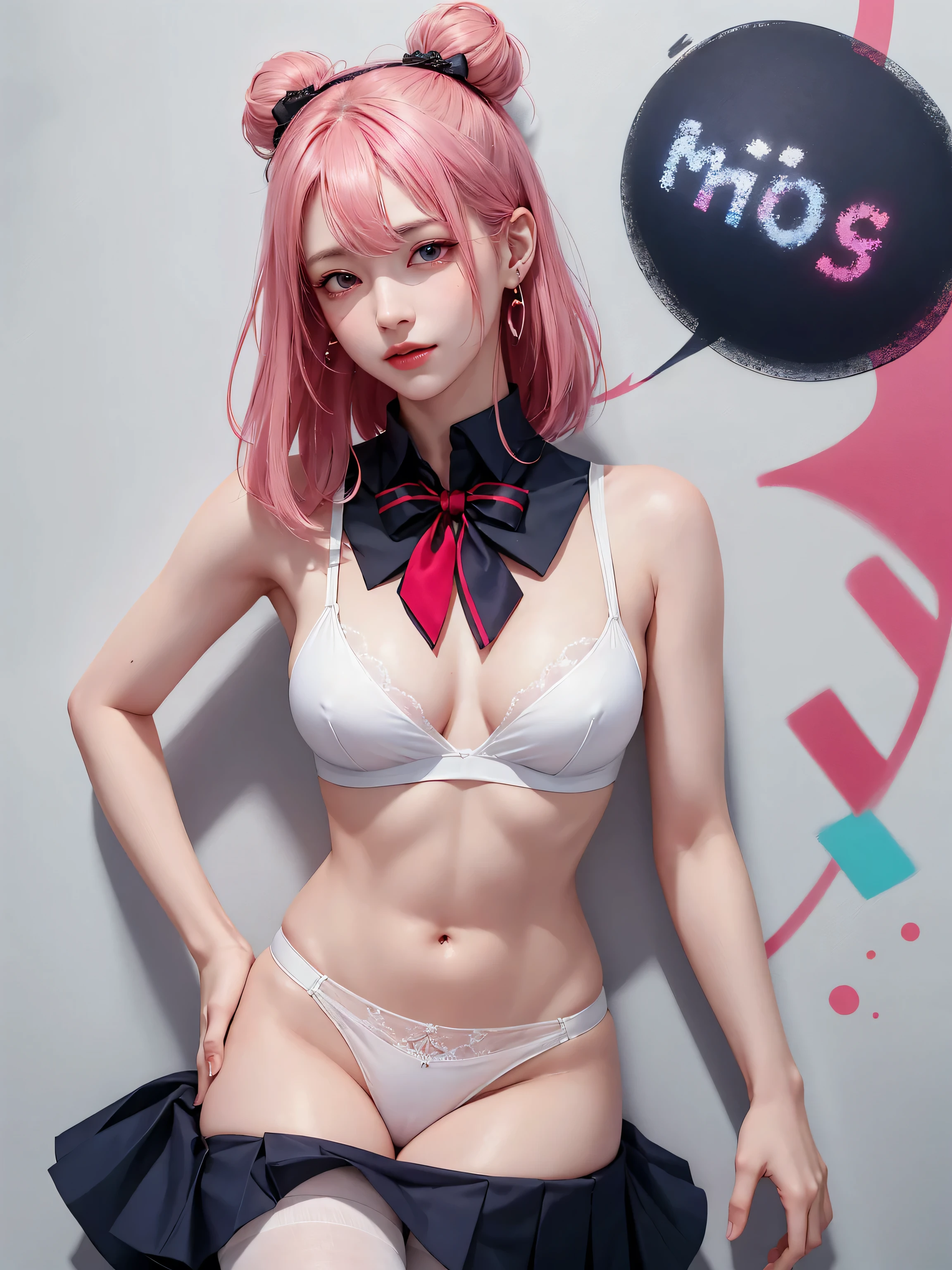 (Masterpiece, best quality, 1 girl, alone, complicated details, Chromatic aberration), realistic, ((Moderate breath)),long hair, pink hair, Red headpiece, Pink Highlights, hair on one eye,purple eyes, earring, sharp eyes, choker, Neon coat, She wears a collar, bangle, and kimono style garters., crop top, (symmetrical eyes),(Perfect symmetrical body),against the wall, Brick wall, (colorful graffiti words on the wall:1.2), The light is dim., alley ,Look at the viewer.、Dig the chest、smile、(sleeveless、Navel touch、Fitted turtleneck.)、street string hot pants、Thin bottom、Please build above the eaves..、Thin shoulders、High resolution、High resolution、in 8K、RAWphotographgraphy、Highest quality、masterpiece、Tabletop、erotic、student、Light green Bra,White skin,knees,(Skin-colored pantyhose),Detailed Panty Pattern、Panty Focus、Pink Panties、absurdes,Small face、Big Breasts、Part the front hair from the middle、The forehead is visible,(Cold look<Squinting my eyes,Glare,strong,Light anger)、masterpiece,Highest quality、超High resolution,RAWphotograph,only,Beautiful poop,one person, one personで,Dark look,Small breasts,whole body、very nice、JK ,high school girl,Japanese women,Are standing,(Realistic:1.37)、Photon Mapping,Light blue ribbon,Realistic、Cute Face,Brown eye、Black socks、22 years old、(Red bow tie)、Radio City、Physics-based only dulling、prospect、Written boundary depth、Blurred Background、photograph,girl、body,Beautiful legs, Long legs, Thin legs,Long Bob Cut,(I can see the front hair), hair, lips, green_eye, Nose Soft,(Light blue shirt), (Navy Pleated Skirt), I can see the knees,See-through clothing,, thigh, black cotton socks,Nogizaka Idol, , Japanese Ido、Sparkling eyes、Glossy lipasterpiece, highest quality:1.2), 8K, young beautiful girl, 85mm,Official AR RAW Photos, baby face、big breasts、show me your ears、photo shoot, cute face, thighs, After school classroom, looking at the viewer, embarrassing、smile、no makeup, film grain, chromatic aberration, sharp focus, face light, clear lighting, Ten