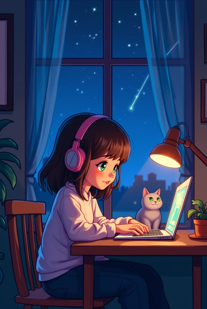 Lofi girl Chubby with brown hair and green eyes, writing and gaming on a laptop on the table under a study lamp wearing headphone beside a sidewise window at night, comet in the blue purple sky outside the window, a cat beside her,intricate motifs, organic tracery,side angle,complimentary colours,vivid colours .
