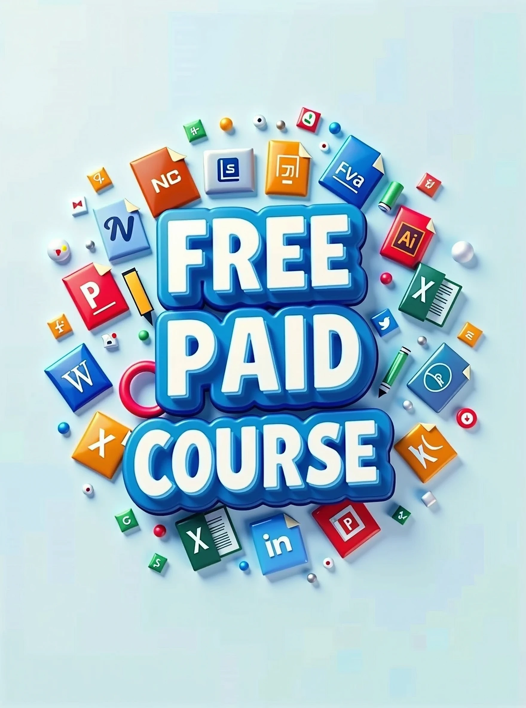 a logo where write free paid course ,,bacground differentt small graphics object like microsoft word ,powerpoint,excel,photosop,capcat,adobe illustrator,3d computer,mobile,, linkedin,website