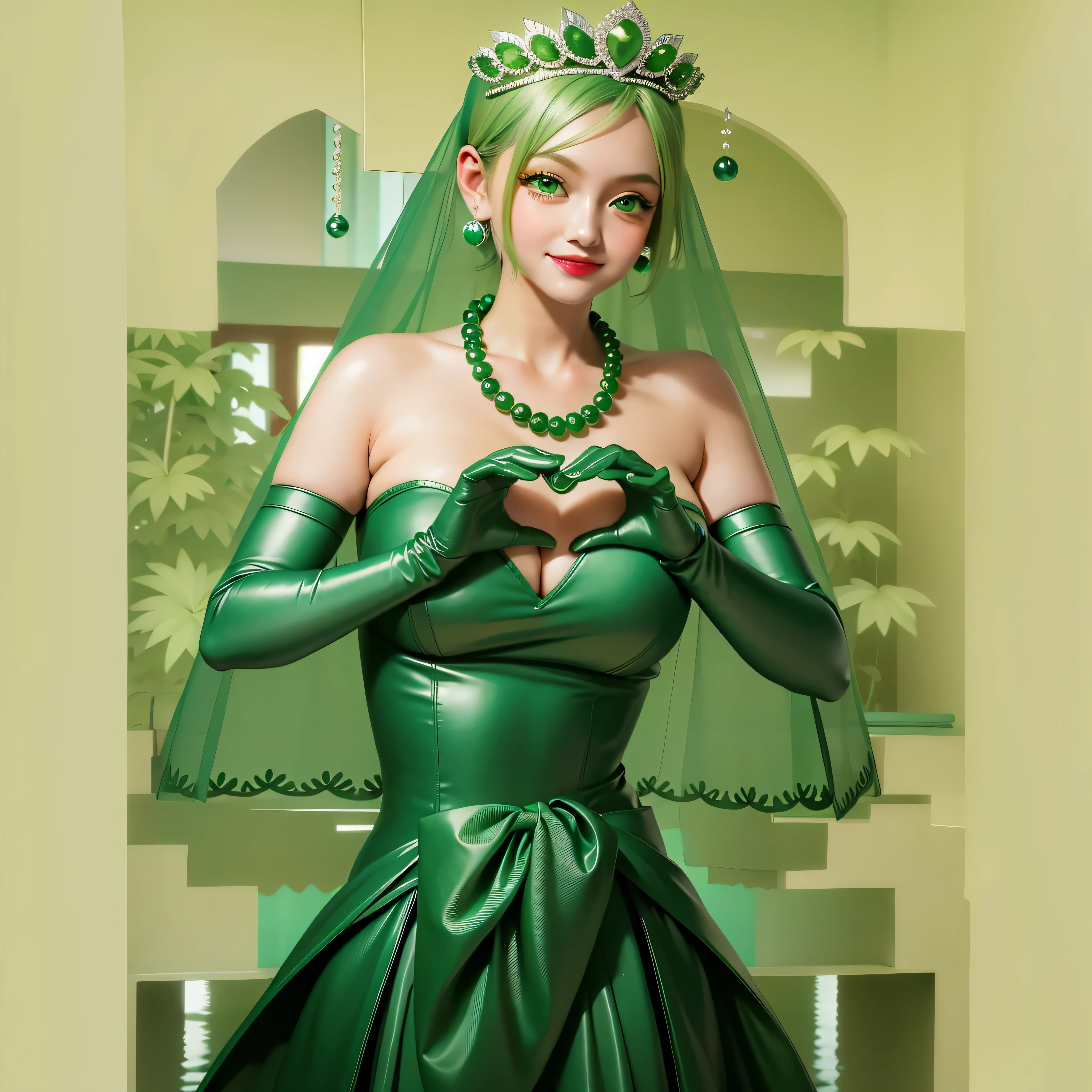Emerald tiara, Green Pearl Necklace, Boyish very short green hair, Green Lips, Smiling Japanese woman, Very short hair,  beautiful lady, Green Eyes, Green satin long gloves, Green Eyes, Emerald Earrings, Green veil, Heart with both hands, Green Hair, Beautiful Japanese Women, Heart shaped hands:1.3, green lip gloss