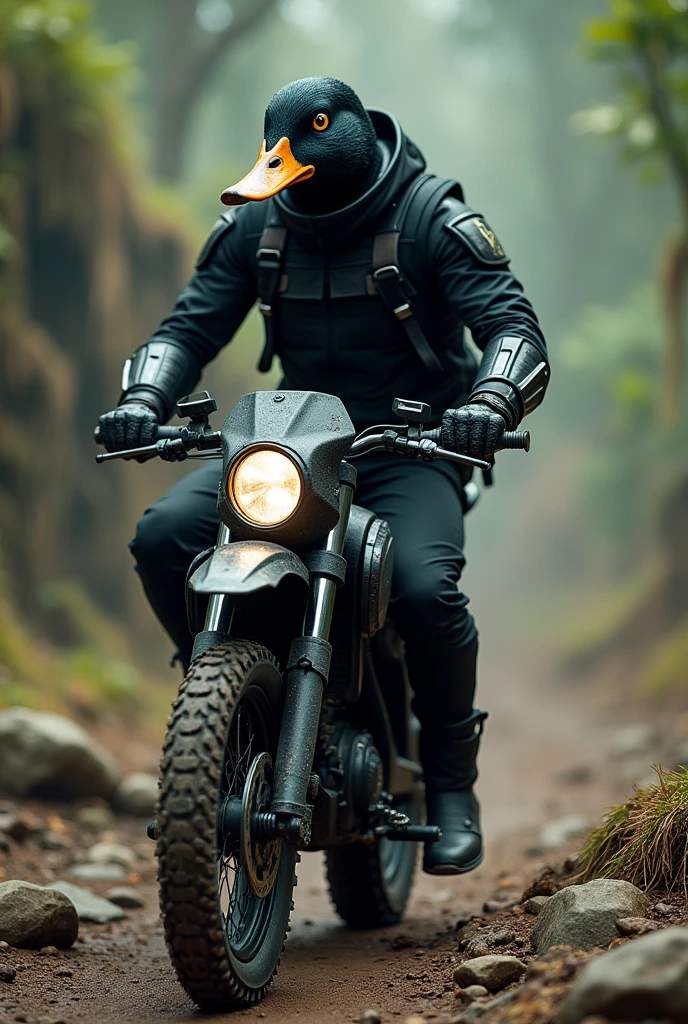dark black biker with duck head, trail bike