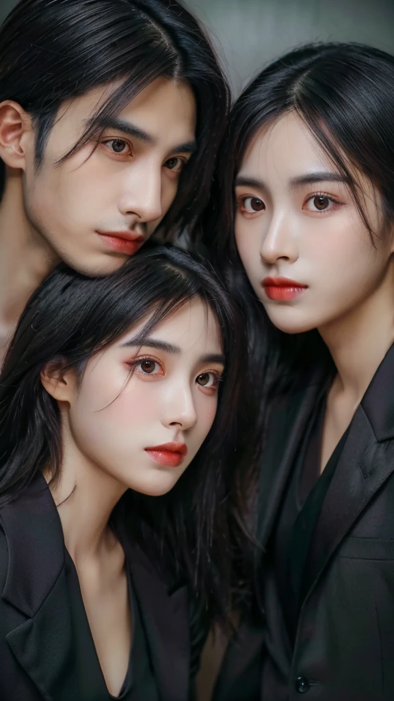 Beautiful woman wearing a black dress. Handsome man wearing a black suit mafia vibes. Dark romance couple vibes. (ultra detailed perfect symmetrical face, eyes, nose:1.5), masterpiece, high quality realistic, aesthetic photo.