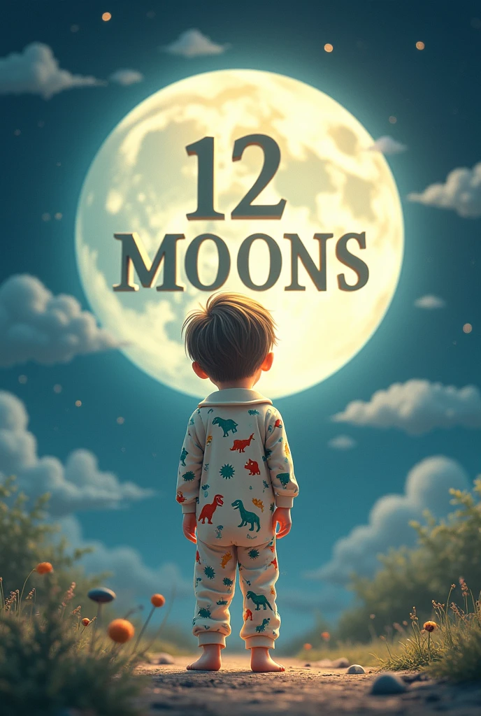 Design me a moon and have it say 12 MOONS and a character wearing dinosaur pajamas 
