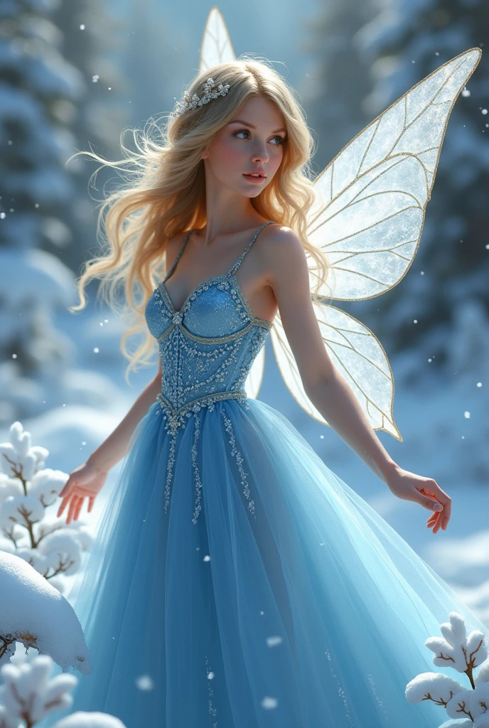 Taylor swift as a fairy waering an elegang blue dress sparkly wings. She is surrounded by snow and snowflakes