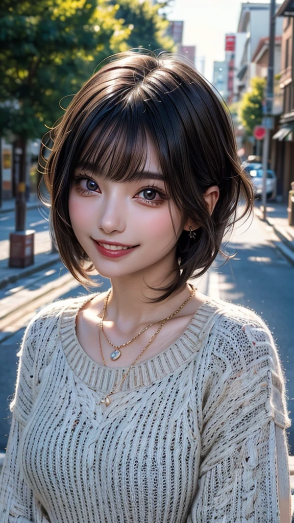 ((Beautiful Face:1.2)), (Purelos Face_v1: 1.0), (Highest quality, 8k, 32K, masterpiece, Ultra-high resolution:1.2),Beautiful Japanese Women Photos, Large Breasts, Very short bob hair,Upper Body,(Extra Large_sweater,:1.2) necklace, Simple Background, Look around,((smile))