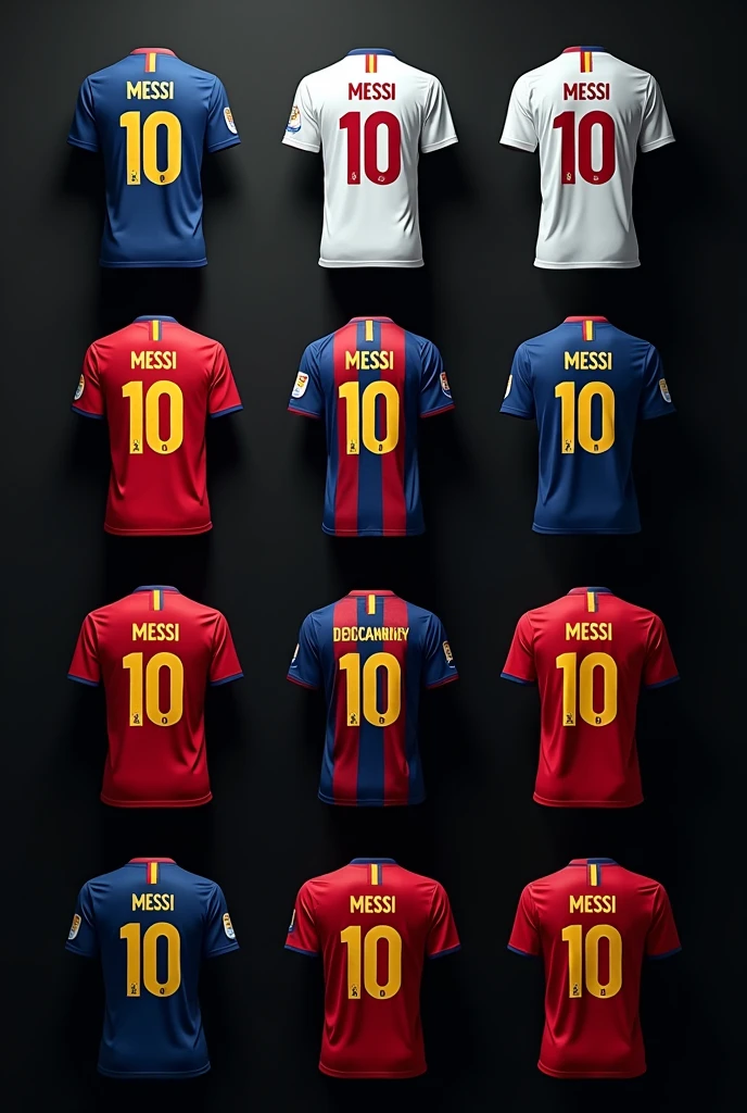 T-shirts the last 9 most recognized teams that messi has been,  on the back with the number 10, 
arranged in rows of three t-shirts on a black background