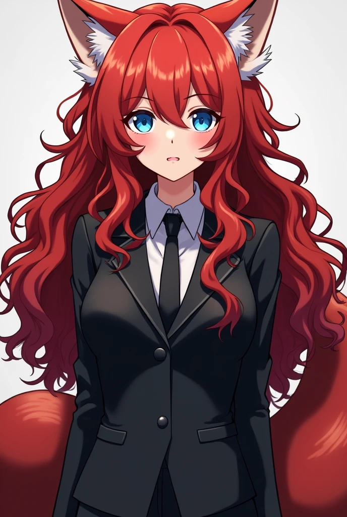 Female anime character with very curly long blood red hair, ears and tail of a red panda, with blue eyes like dabi&#39;s, with a black herue suit and looking 18 years old