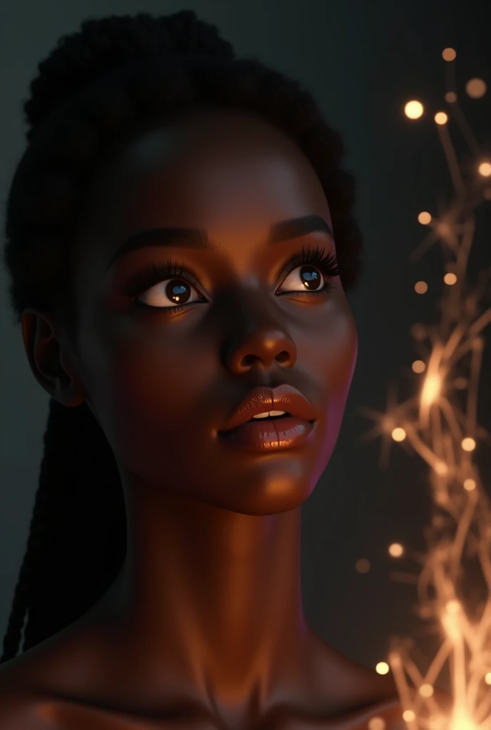 Images 3d réalistes d'une femme noire qui regarde unE étincelle. Elle est étonnée