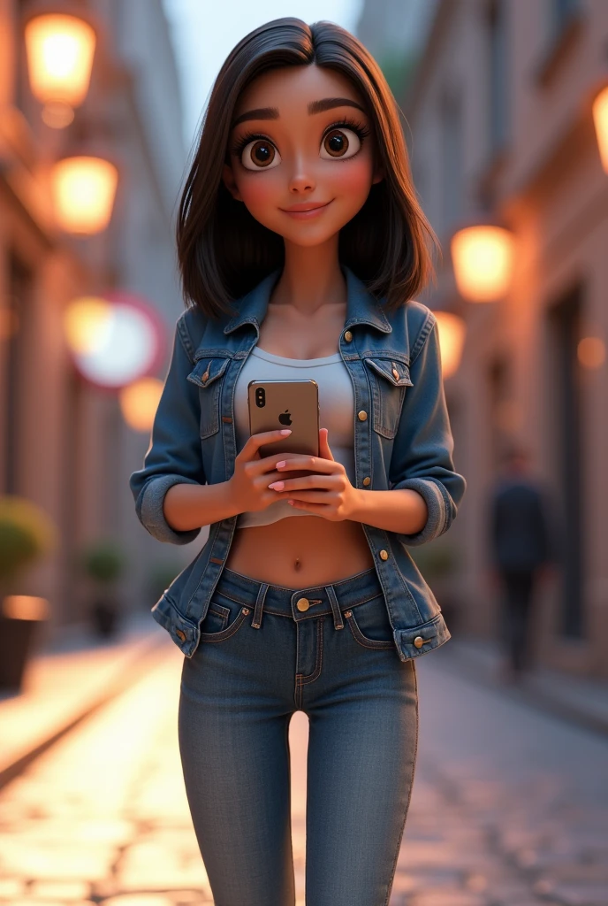 3D character from Disney animation, Pixar style, full body, smiling, brown eyes with beautiful eyelashes, the glamorous one, shoulder-length straight black hair, denim clothes, jacket, black tennis shoes, clean bottom. cinematic lighting, ray tracing, high details, 3D rendering with hands on waist and holding an iPhone