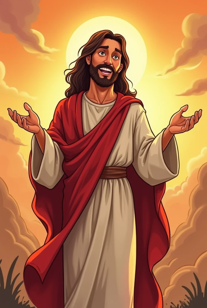 Jesus with Raily's 5 emotions, happiness, sadness, fear, envy, anger INTENSELY in cartoon