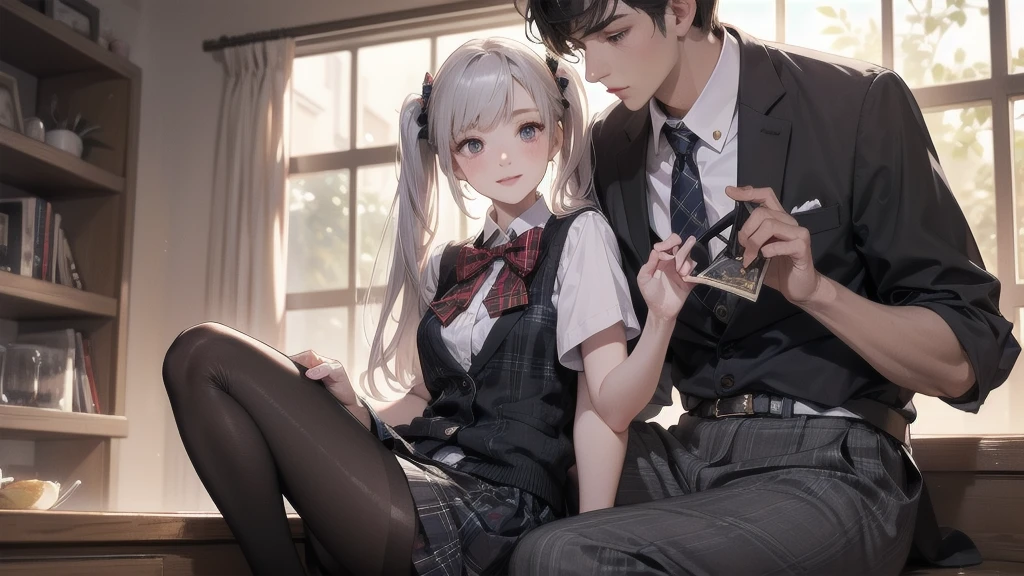 (1 man:1.8),The man is teacher,man is 50 year old,(man is smile:1.2),many is black shirt,(man show briefs:1.4),(the man is fullnude:1.2),2 girls,group,A good friend, office, sitting office chair, 15 year old, (Small breasts:1.3),(skinny:1.2),AKB48,nogizaka46,(navy blue blazer,white blouse,checked mini skirt,red ribbon,high school uniform:1.1),smile,beautiful girl,highest quality,High resolution,be familiar with,perfect anatomy,beautiful and fine eyes,(school:1.3),(classroom:1.5),(many student:2.0), Chair,Desk,laptop,(short ponytails:1.2),(black tights:1.2),(smile:1.2),(open legs:1.3),(cowboyshot:1.6),Young beauty spirit ,bsp,(full-face blush:1.5),(smile:1.2),anguish,(public indecency:1.0),(cry:1.2),(I'm on the phone:1.5),(front view:1.0),(Calling on smartphone:1.8),(hold a smartphone in hand:1.9),(handjob:1.5),(girl is fullnude:1.8),(show pussy:1.4),(skirt lift:1.4),