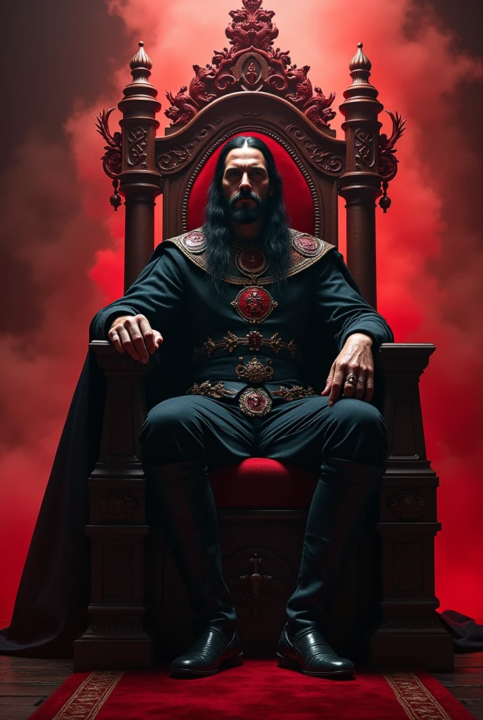 Vlad tepes the impaler sitting on the red dragon throne. His countenance is serious and confident. His throne is decorated with red dragons. Your face is beautiful. There is red smoke around. The style is gothic. He wears a ring with the coat of arms of the Order of the Dragon on his finger.. PICTURE REALISTIC. He is in his castle in the main hall where his throne is and around him is the court and his subjects.