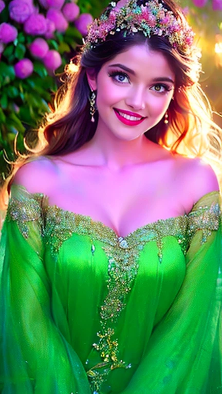 (a beautiful woman in a stunning gown of flowing silk with a radiant smile and captivating eyes),vibrant colors,highres,ultra-detailed,sharp focus,soft lighting,realistic,fantasy-inspired,portraits,subtle color palette,ethereal glow,fairytale,graceful,pastel shades,enchanted garden,lovely flowers,twinkling lights,whimsical ambiance