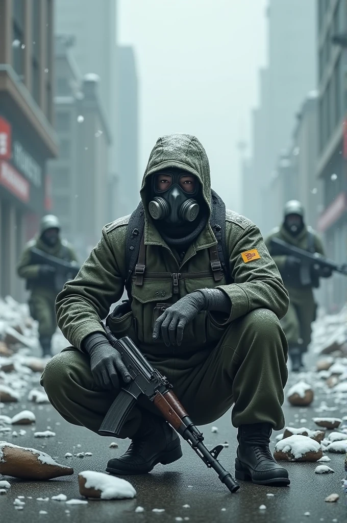 A Chinese soldier in a gas mask sits on the road with an AK-74 against the background of similar soldiers and broken skyscrapers(it&#39;s snowing)