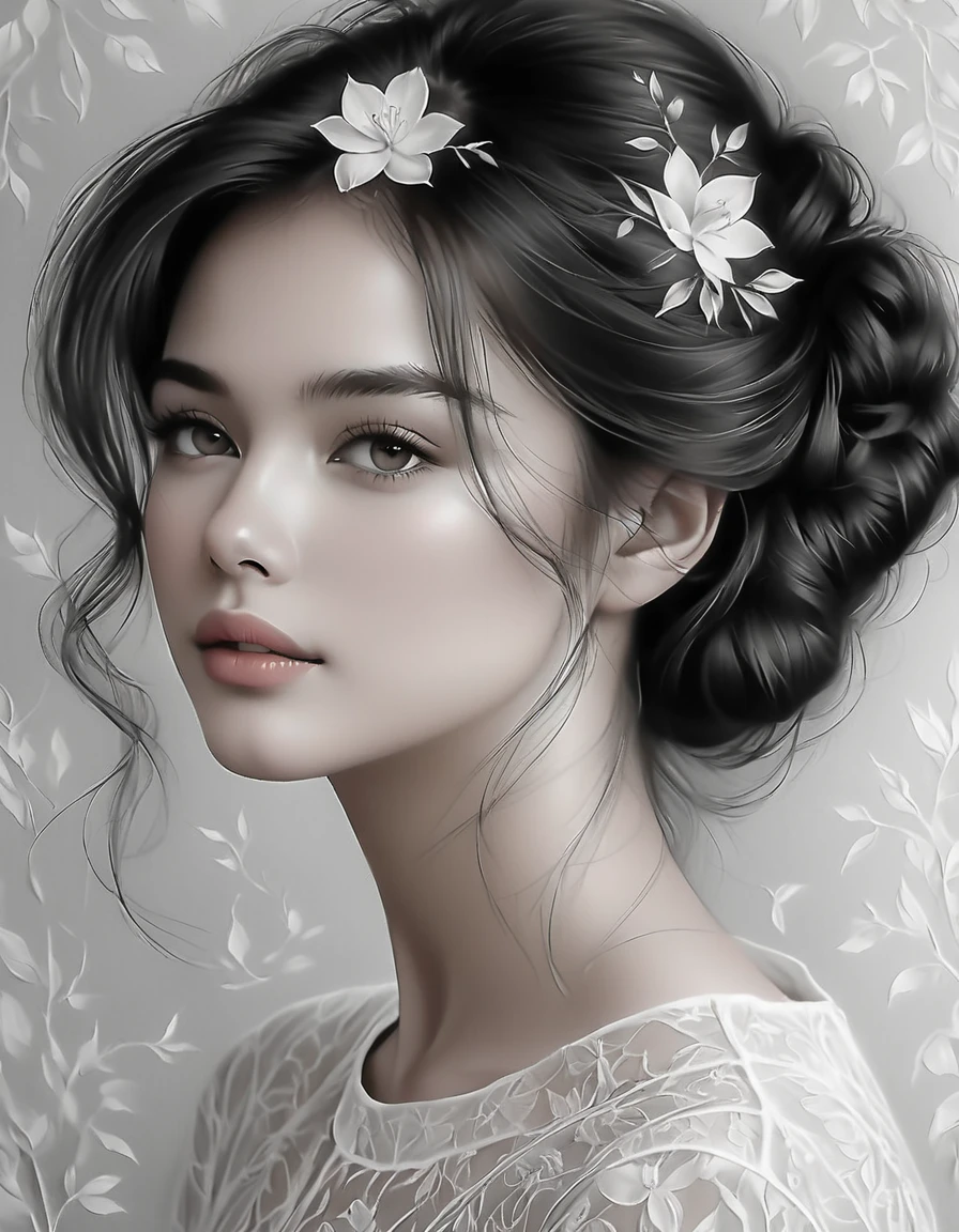 A stunning, black and white sketch photoshoot of a beautiful woman with delicate, pencil-drawn features and a soft, dreamy expression. Highly detailed, with intricate shading and a range of tones from deep blacks to bright whites. Captured with a normal lens and a classic, timeless composition that emphasizes the woman's natural beauty and the artist's skilled, expressive linework.