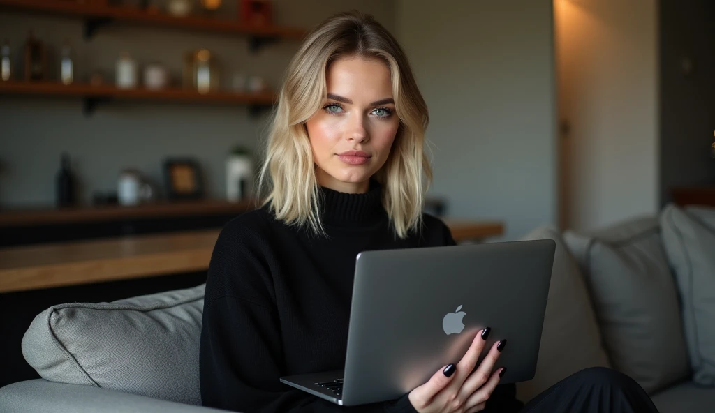 beautiful white-skinned girl, medium-blonde hair, with bright sparkling eyes, shiny skin, beautiful black manicure, beautiful nails, pearl skin, holding a laptop in her hands, in a black sweater and a black long skirt, beautiful detailed fingers, professional photo, 4k, high resolution, high detail, aesthetically pleasing, beautiful, realistic, looking straight ahead