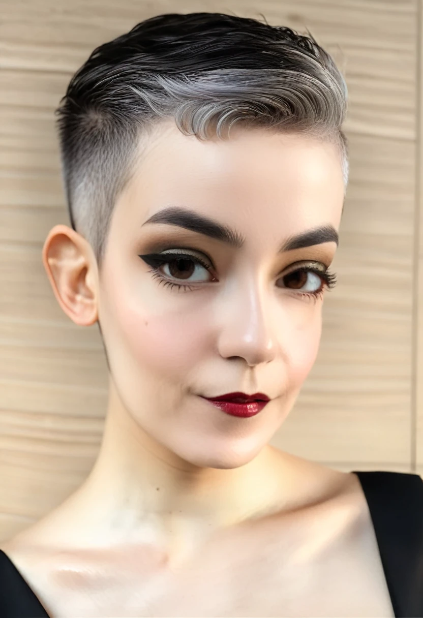 a beautiful young woman in a black dress poses with one shoulder, symmetrical face, in the style of 8k resolution, warmcore, goosepunk, focus on joints/connections, minimal retouching, handheld, candid, dyed gray hair, ((pixie fade haircut)), (right side part in hair), (bald fade), classy, elegant, sharp focus,
