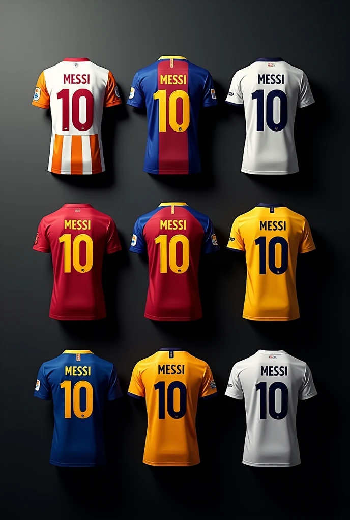 T-shirts the 9 most recognized teams that Messi has been,  on the back with the number 10, 
arranged in rows of three t-shirts on a black background